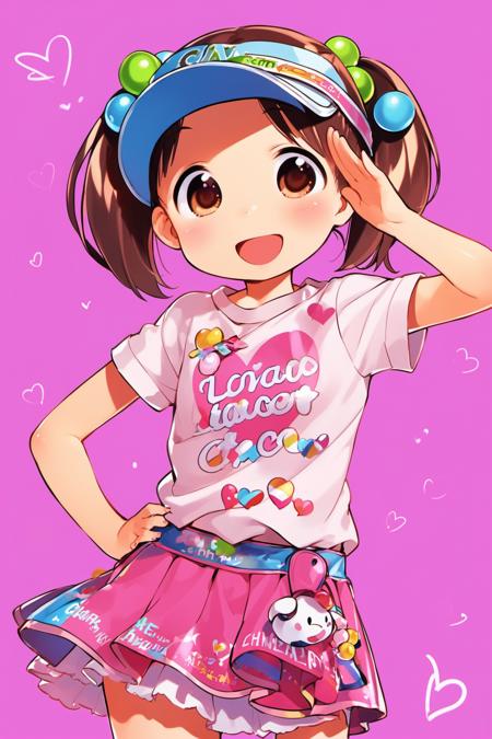 25842-603513297-Miu Matsuoka, 1girl, solo, visor cap, hair bobbles, hair ornament, twintails, open mouth, brown eyes, smile, hand on hip, clothe.png